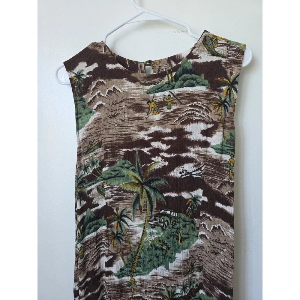 Vintage‎ Tropical Hawaiian Scenic Print Sleeveless Maxi Dress Brown Green Tan